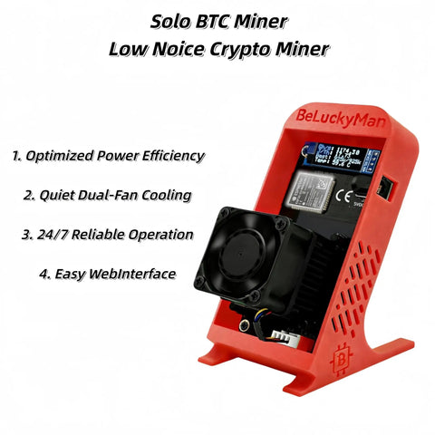 Open Source Bitcoin Miner 1.2 THs Quiet Home Solo Mining Rig With BM1370 ASIC Ultra Low 18W Power 2.4G WiFi Easy Setup Includes Power Supply And Red Stand For Education Or DIY Mining, red stand with display and fan