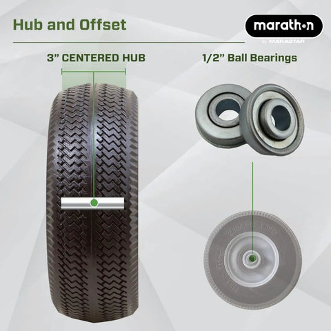 Skip The Hassle And Roll Smooth With This Flat Free Rubber 2 80 2 50 4 Tire And Wheel Assembly showing 3 inch centered hub and half inch ball bearings.