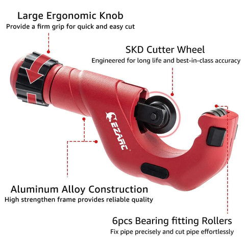 Heavy Duty Pipe Cutter Kit With Big Tubing Cutter And Mini Tube Cutter For Copper Aluminum PVC And Thin Stainless Steel Tubing Three Sixteenths To Two Inches Outer Diameter, red tubing cutter with ergonomic knob and SKD cutter wheel.