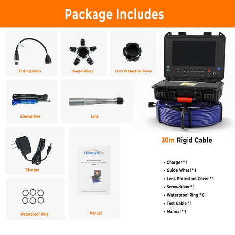 Self Leveling Sewer Borescope Camera With 9 Inch Screen 1080P HD Display IP68 Waterproof For Duct Pipe And Home Inspection Built In Light With 12 LED 32GB Card Included Transmitter Distance Counter No Hassle Setup 100ft Cable package includes monitor, rigid cable, charger, guide wheel and manual