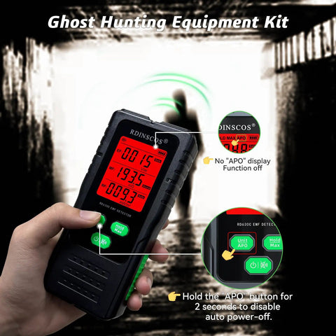 Hand holding 3 In 1 EMF Detector For Home And Office Use With Tri Color LCD And Audible Alerts Detects AC Magnetic Electric And Microwave EMF Fields Near Smart Meters And Cell Towers