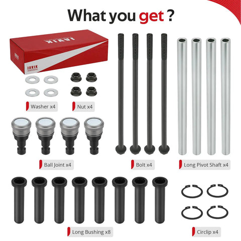 Front Upper A Arm Pivot Bushing Ball Joint Kit For Polaris RZR 570 And 800 Models 2008 Through 2014 Durable Beefy Upgrade With Heavy Duty Components For Off Road Adventures No Nonsense OEM Style kit parts laid out: 4 shafts, 8 bushings, 4 ball joints