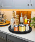 Wooden Lazy Susan Turntable Organizer for Kitchen Countertop with spice jars, condiments, and 10-inch round tray.