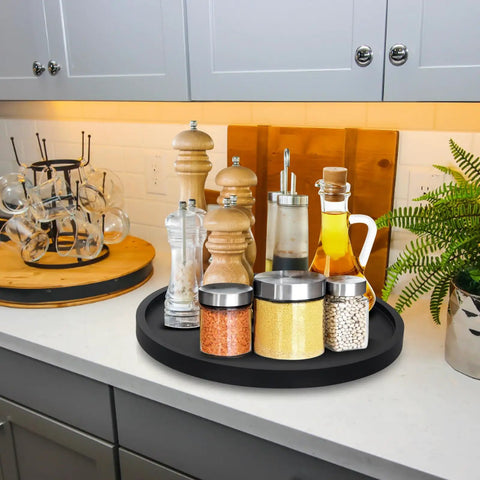 Wooden Lazy Susan Turntable Organizer for Kitchen Countertop with spice jars, condiments, and 10-inch round tray.