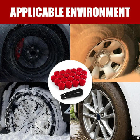 Red 17mm Lug Nut Covers 20 Piece Set with Removal Tool Anti Rust Hex Nut Caps for Most Vehicles shown on car wheels