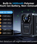 Heavy Duty 4K Body Camera With All Day Battery Life And True Black Night Vision, 128G Micro SD Card For Law Enforcement And Patrol Duties Crystal Clear Audio Video Wide Angle Loop Recording Setup with battery info.