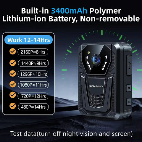 Heavy Duty 4K Body Camera With All Day Battery Life And True Black Night Vision, 128G Micro SD Card For Law Enforcement And Patrol Duties Crystal Clear Audio Video Wide Angle Loop Recording Setup with battery info.
