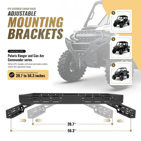 Adjustable mounting brackets for Badass Universal UTV Overbed Cargo Rack, fitting bed widths from 39.7 to 56.3 inches.
