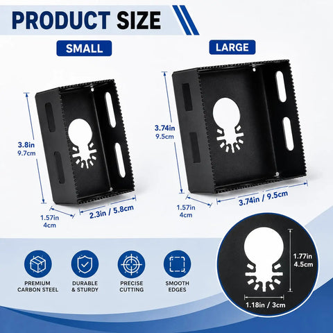 Two Pack Upgrade Pro Grade Drywall Outlet Cutter Set showing small and large sizes with precise measurements for clean openings