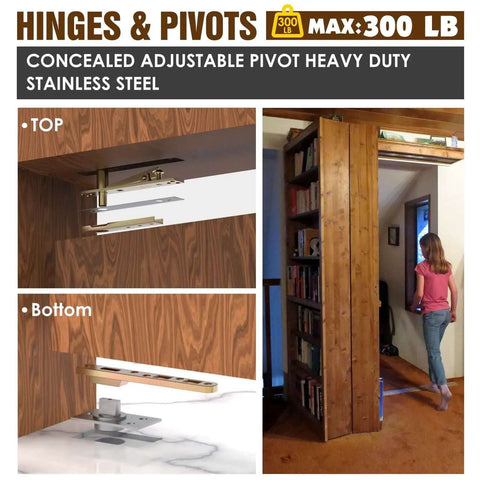Installed hidden door hinges with ball catch for heavy duty 220 lb wood doors, showcasing 360 degree secret bookcase Murphy system.