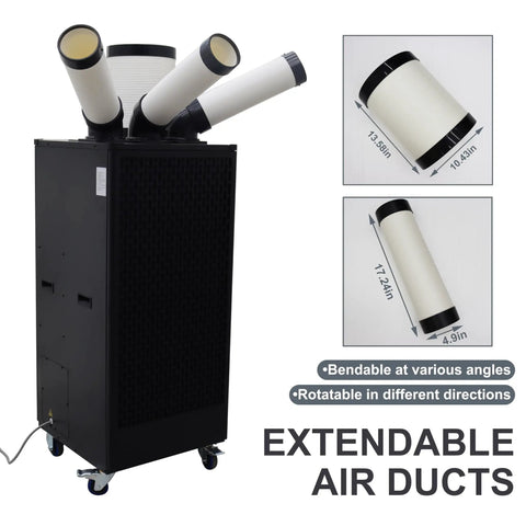 Heavy Duty Industrial Portable Air Conditioner 22500 BTU Mobile Spot Chiller with extendable air ducts for flexible cooling.