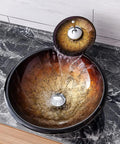 Slick Tempered Glass Bathroom Vessel Sink With Hardcore Waterfall Faucet Premium Countertop Wash Basin on marble surface.