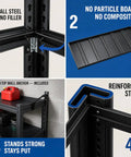 Heavy Duty 5 Tier Garage Shelving Unit With Reinforced Steel Wire Mesh Shelves, 24 Inch Deep, 72 Inch High, 40W x 24D, Keeps 27-Gallon Totes, Tools, Basement And Warehouse Organized, Black, steel frame and anti-tip anchor detail