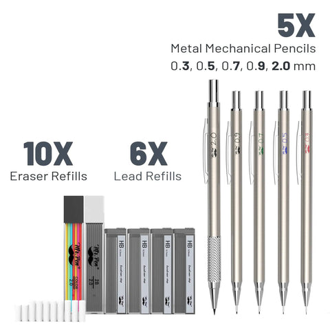 All Metal Mechanical Pencil Set Built For Drafting And Sketching With Five Lead Sizes 0.3 0.5 0.7 0.9 And 2.0 mm Pro Grade Includes HB Lead Refills And Erasers For Architecture And Drawing shown with pencils and refills.