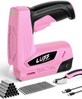 Cordless 2 In 1 Electric Staple Gun And Brad Nailer Kit With 2000Mah Battery Fasteners And Remover in pink with staples.
