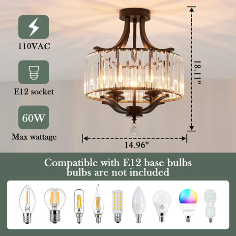 Modern Crystal Chandelier Four Lights Black Semi Flush Mount Ceiling Light Fixture For Dining Room Kitchen Hallway Bedroom Entryway Dimmable With E12 LED Bulbs Level Up Your Space, 14.96x18.11 inches, bulb info shown