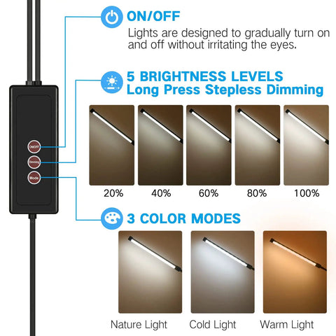 Control panel and lighting modes for Dual Head LED Desk Lamp With Clamp, Eye Care Three Color Modes, Five Level Dimming