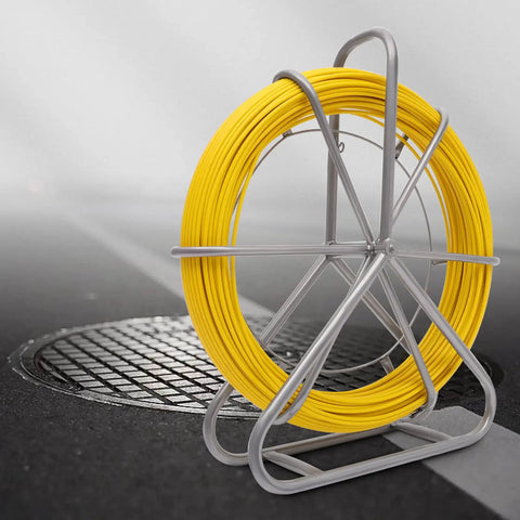 425 Ft Fiberglass Fish Tape One Quarter Inch Electrical Fishtape For Wire Pulling Duct Rodder With Steel Wheel Stand On Pavement