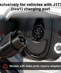 Close-up of J1772 charging plug connected to EV port, indicating compatibility with Straight Up Heavy Duty J1772 Level 2 Electric Vehicle Charger With Slick WiFi App Control, Rfid Keycard, Nema 14 50P Plug, Twenty Five Foot Extension Cord And Smart Off Peak Scheduling For No Fuss Setup And Reliable Daily Driving.