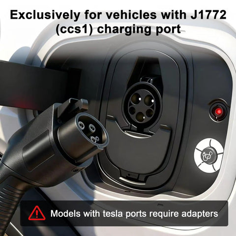 Close-up of J1772 charging plug connected to EV port, indicating compatibility with Straight Up Heavy Duty J1772 Level 2 Electric Vehicle Charger With Slick WiFi App Control, Rfid Keycard, Nema 14 50P Plug, Twenty Five Foot Extension Cord And Smart Off Peak Scheduling For No Fuss Setup And Reliable Daily Driving.