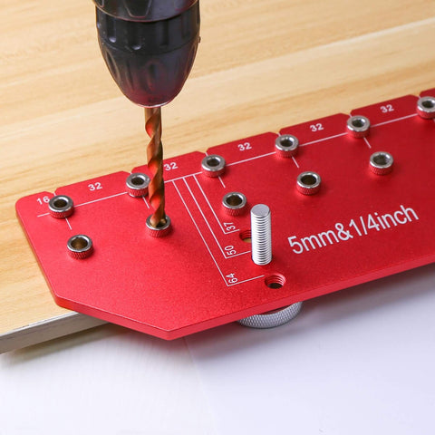 11 Hole Shelf Pin Jig With Self Clamping Hinge Drill Guide Pro Grade for Cabinets in use drilling into wood.