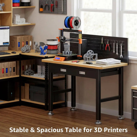 Heavy Duty 39.4 Inch Steel Workbench With Drawer And Pegboard 2000 Lb Capacity in a workshop with 3D printer setup