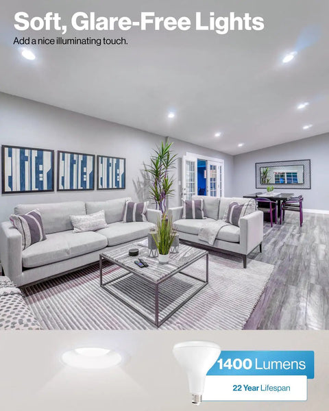 Living room with soft lighting using BR40 LED Flood Light Bulbs 1400 Lumens 17W 100W Equivalent Dimmable Warm White 3000K E26 Base.