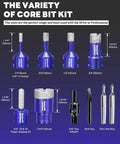 9 Piece Diamond Hole Saw Kit with Pilot Bit Adapter for Porcelain Ceramic Granite Marble and Stone pro grade bits shown.