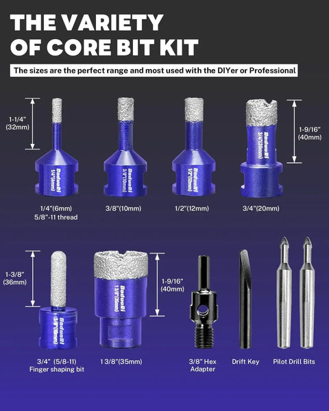 9 Piece Diamond Hole Saw Kit with Pilot Bit Adapter for Porcelain Ceramic Granite Marble and Stone pro grade bits shown.