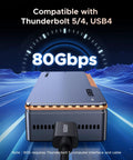 Hot Swap External M.2 NVMe SSD Enclosure With Thunderbolt 5 Support And Active Cooling Fan showcasing 80Gbps transfer speed indicator.