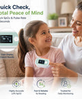 Portable Fingertip Pulse Oximeter With SpO2, Pulse Rate, Respiration Rate and Perfusion Index in use by mother and daughter