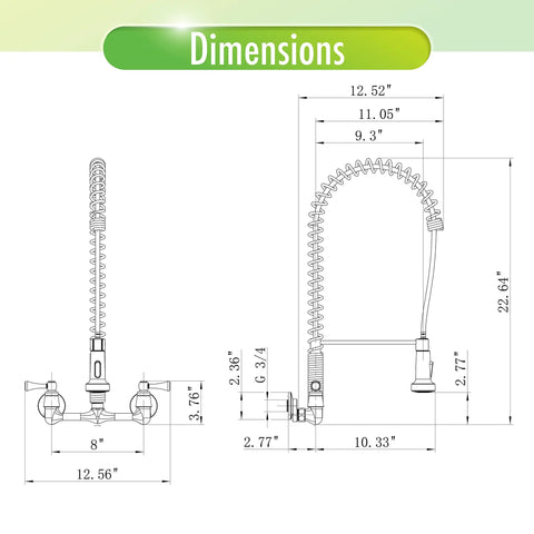 Dimensions of Dual Handle Pro Grade Commercial Style Wall Mount Kitchen Faucet With Pull Down Nozzle And Dual Spray Options