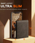 Mens Slim Leather Bifold Wallet With RFID Blocking Minimalist Front Pocket Design Gift Box Included Lifetime Quality Guarantee Durable Card Slots Everyday Carry displayed next to a smartphone.