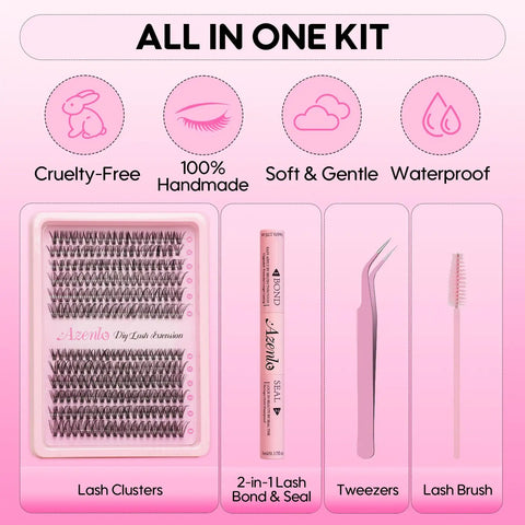 DIY Lash Extensions Kit With 240Pcs 30D And 40D Lash Clusters, 10 To 16mm Thin Band, bond and seal glue, tweezers, and brush