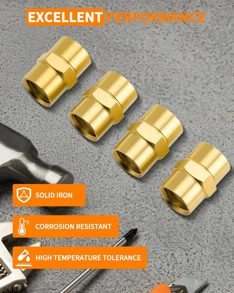 Heavy Duty Knockout Pack 1/4 NPT Coupler Female To Female Hex Pipe Fitting Premium Iron Corrosion Resistant connectors arranged on a surface.