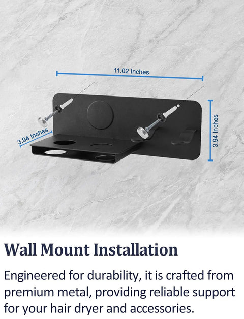 Universal Magnetic Hair Dryer Holder Wall Mount For All Dryers with metal stand showing dimensions and wall installation