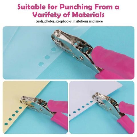 One Hole Punch With Soft Grip Handle For Paper One Quarter Inch Hole Punch Pink With Mess Tray Six Sheet Capacity punching paper