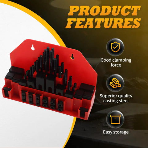 Heavy Duty 58-Piece T-Slot Clamp Kit With 1/2 And 3-8 Studs, featuring a red organizer for easy storage and superior quality steel components.