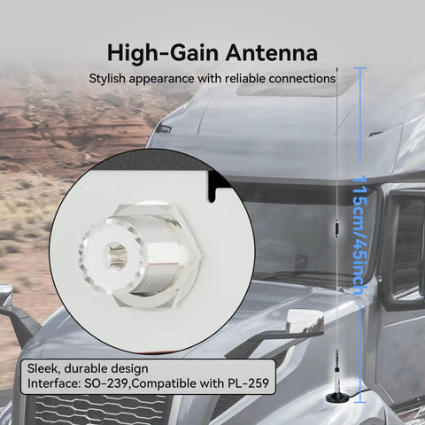 Long Range DIN Mount CB Radio Kit With NRC Noise Canceling Technology antenna on truck roof, high-gain design, 115cm