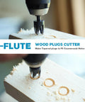 Badass 15 Piece Countersink Drill Bit Set For Woodworking DIY Crews Featuring Tapered Plug Cutters Depth Stop Rings And Screwdriver Bits To Ace Any Job With Zero Headaches And Sweet Results; 4-flute wood plug cutter in action creating tapered plugs.