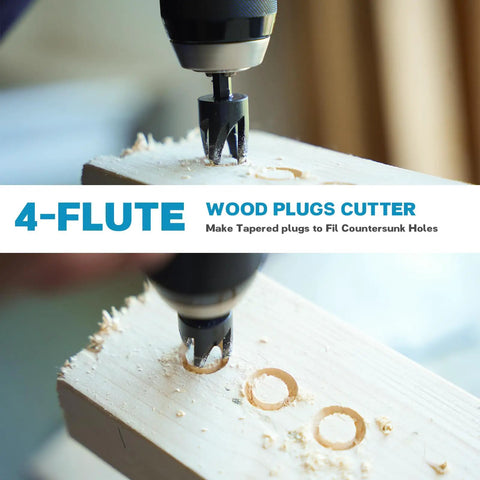 Badass 15 Piece Countersink Drill Bit Set For Woodworking DIY Crews Featuring Tapered Plug Cutters Depth Stop Rings And Screwdriver Bits To Ace Any Job With Zero Headaches And Sweet Results; 4-flute wood plug cutter in action creating tapered plugs.