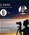 Diagram showing Wireless Shutter Remote Control For EOS RP R6 R5 5D Series 7D Series 6D II with 262ft range and shooting modes.