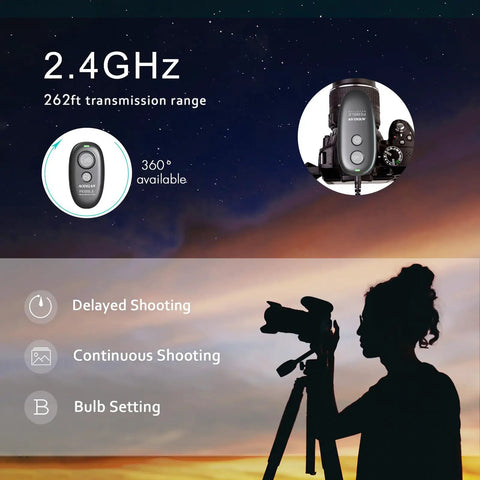 Diagram showing Wireless Shutter Remote Control For EOS RP R6 R5 5D Series 7D Series 6D II with 262ft range and shooting modes.