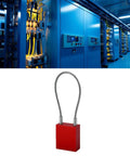 Lockout Tagout Cable Lock With Quick One Way Locking for instant isolation, red padlock with steel cable in industrial setting
