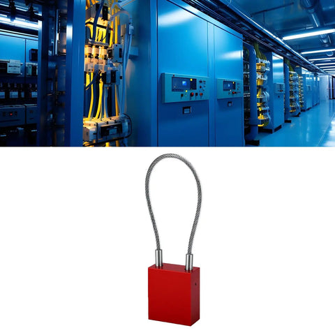 Lockout Tagout Cable Lock With Quick One Way Locking for instant isolation, red padlock with steel cable in industrial setting