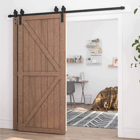 Sliding Barn Door Rail Hardware Kit For Double Doors Monorail System Tough Heavy Duty Track With Quiet Bearings installed view