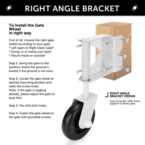 Built Like A Tank 4.3 Inch Spring Loaded Gate Caster Roller Wheel With Full 360 Swivel Action And Right Angle Mount Plate showing installation steps.