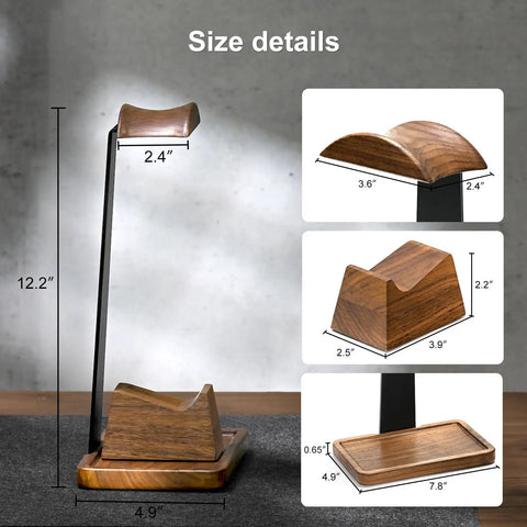 Walnut Wood Headset Stand With Built In Controller Holder And Storage Base For Your Desk, shown with dimensions and size details.