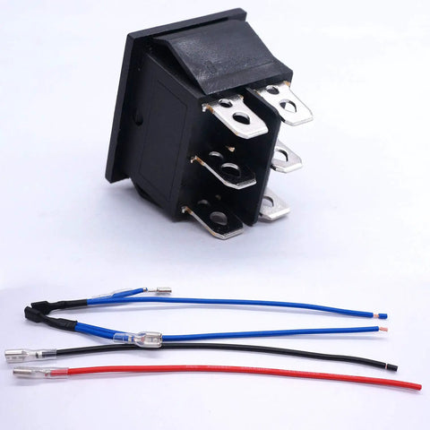 12V Polarity Reverse Switch Momentary DPDT Rocker Toggle With 6 Pins, ON OFF ON Action, Auto Reset, RV Jack Motor Control, Jumper Wires Included, 16A 250V AC or 20A 125V AC, Great For RVs, black 6-pin switch with jumper wires