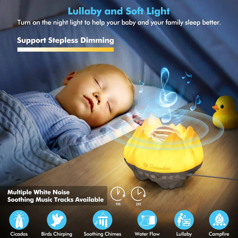 Sleeping baby with 4 In 1 Northern Lights Aurora Projector With Bluetooth Speaker And White Noise Machine Galaxy Starry Sky Night Light glowing softly